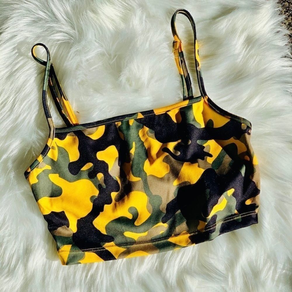 Tic Toc Yellow & Green Camo Crop Top Size Small